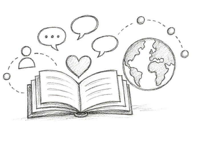 An open book with speech bubbles, a heart, and a globe, representing stories and cultural connection