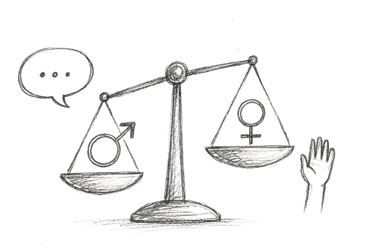 A balance scale weighing male and female symbols, with a raised hand and a speech bubble