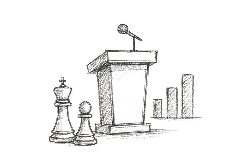 Chess king and pawn pieces beside a podium with a microphone and a rising bar chart