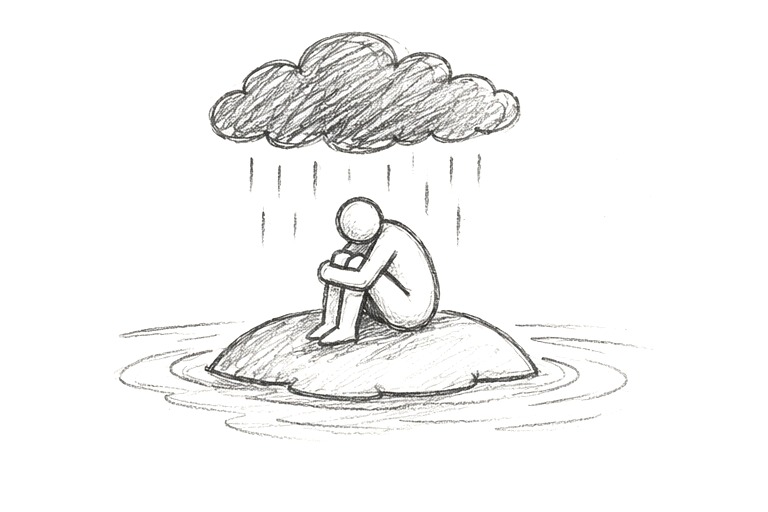 A lonely figure sitting alone on a small island in the rain